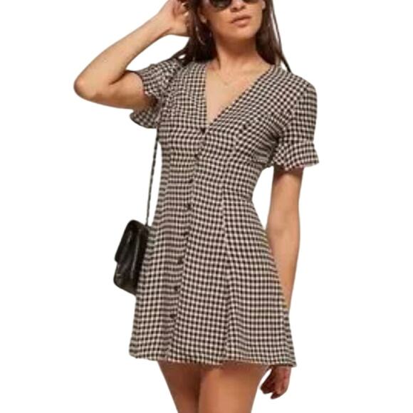 Reformation Dresses & Skirts - Reformation Women's Dolce Checkered Mini Dress Size 6 Black White V-neck Girly